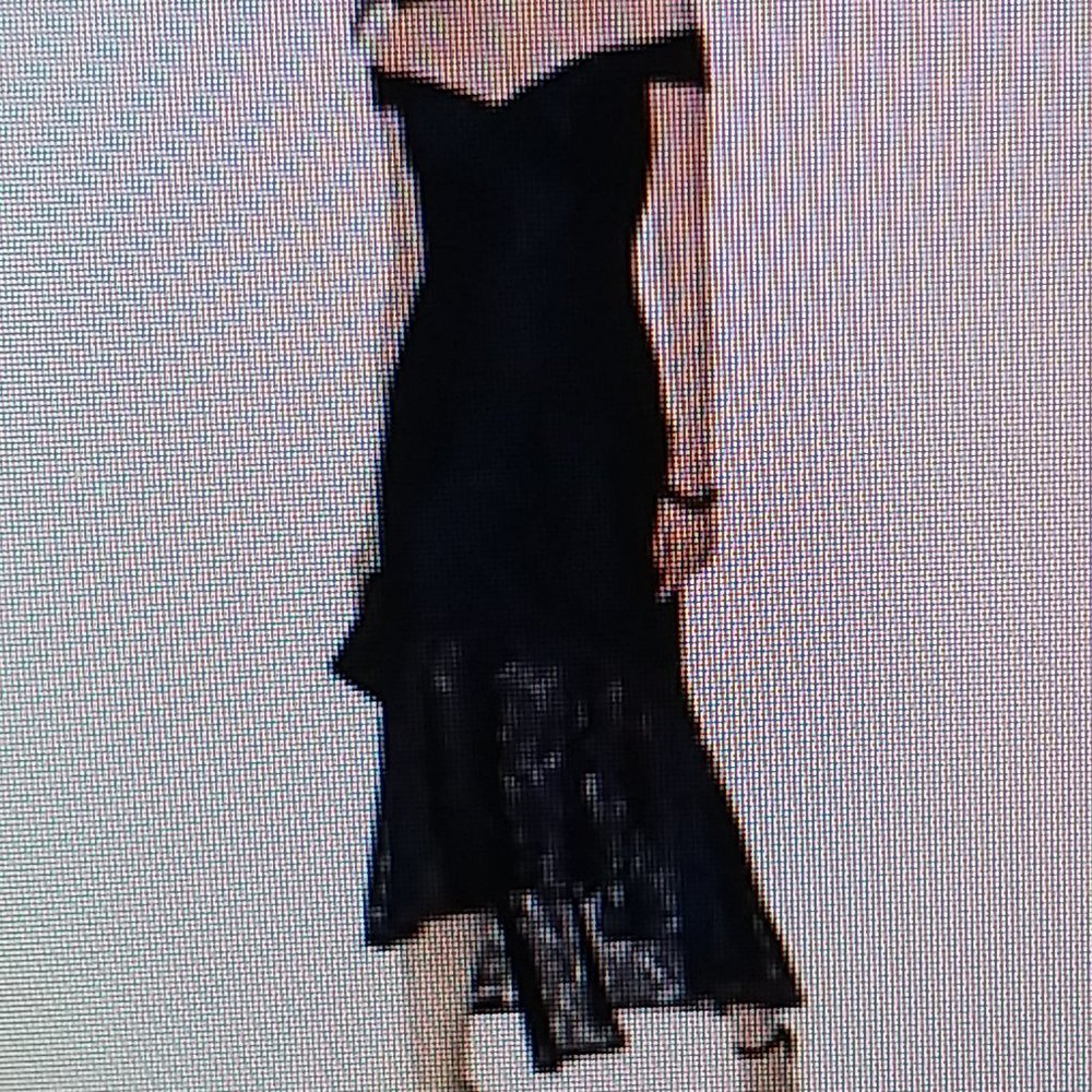 Xscape Womens Navy Lace Off-The-Shoulder Hi-Low Midi Dress Petites 2P  Pre-owne